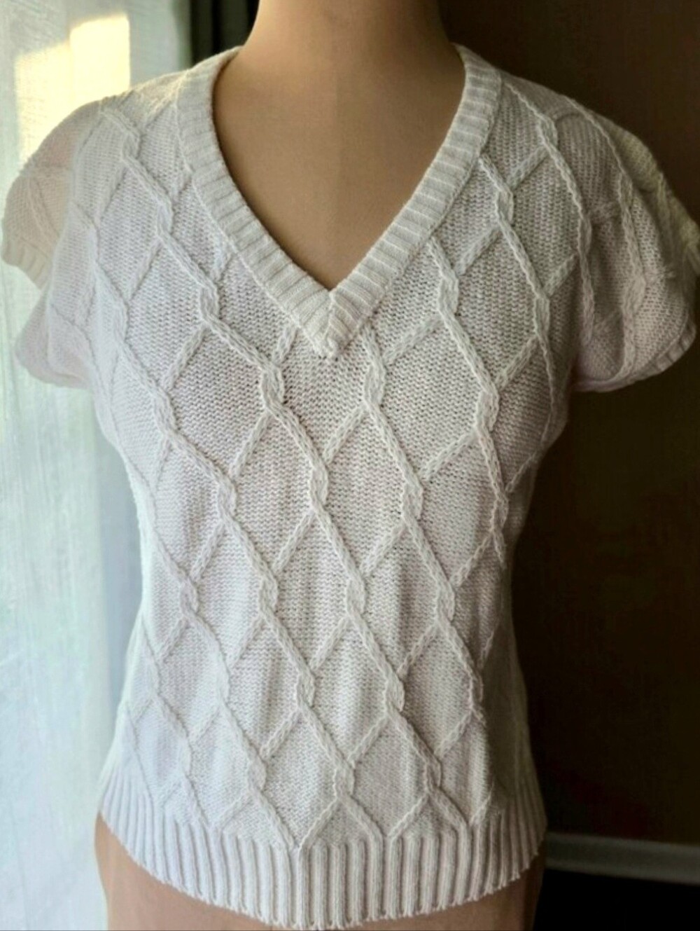 Knit Sweater Vintage Country Suburbans Ramie Cotton Cream V-Neck Medium Old Mon